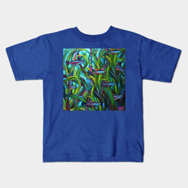 Go With The Flow Neon Tetras by Robert Phelps Kids T-Shirt by RobertPhelpsArt